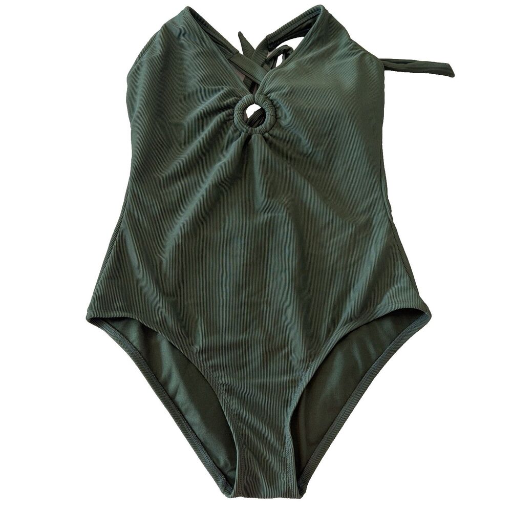 Shade & Shore Womens L (12-14) One Piece Swimsuit Olive Green Ribbed Plunge Tie